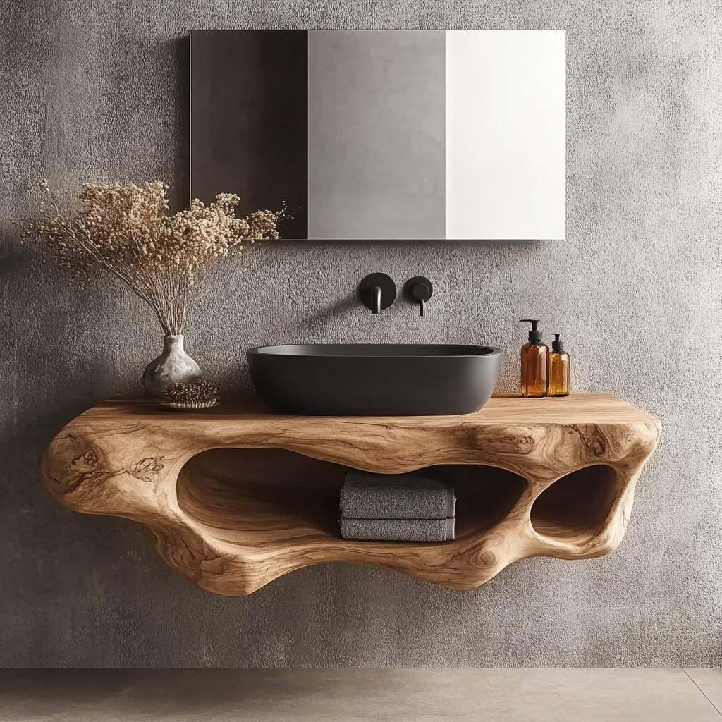 Corva Sculpted Solid Wood Floating Bathroom Vanity With Open Storage