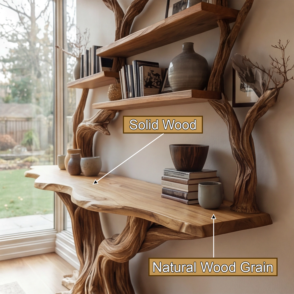 Elarion Tree Trunk Sculpted Solid Wood Console Table With Shelves