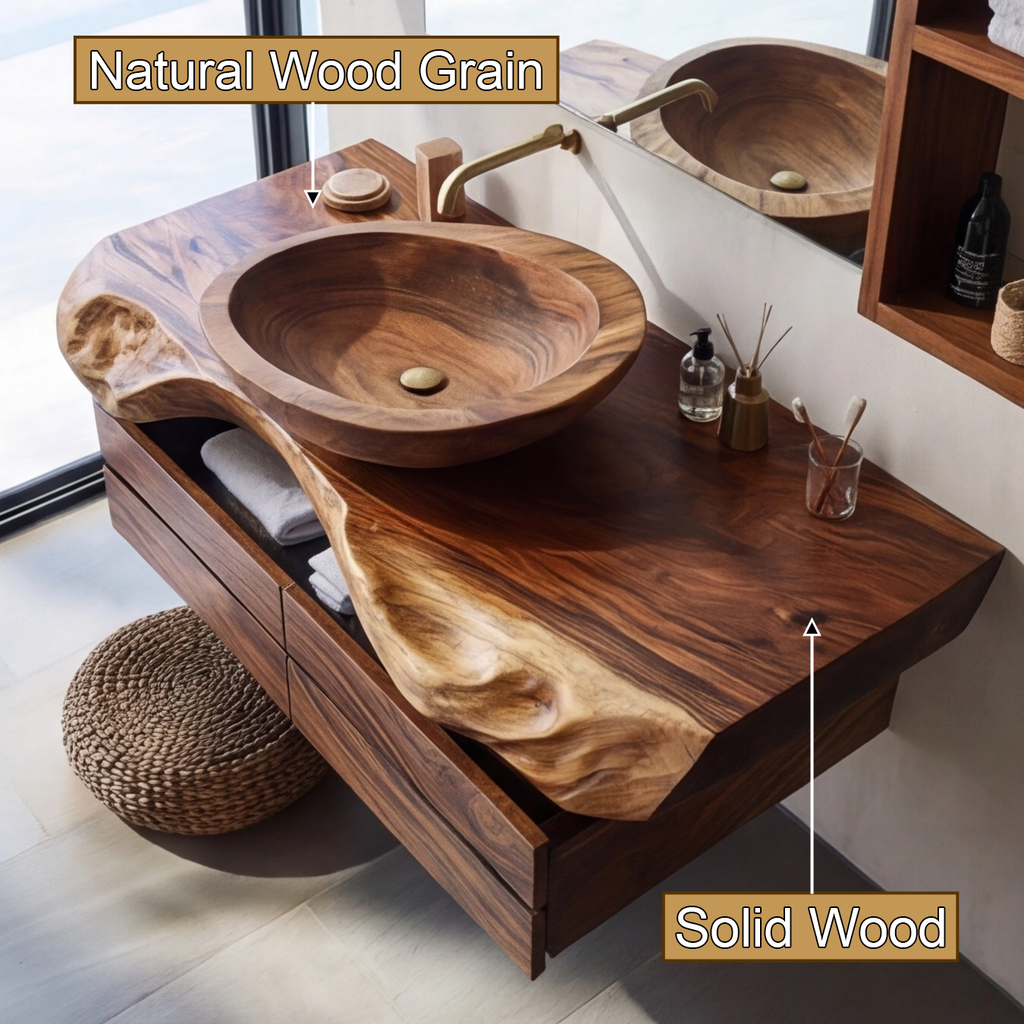 Seravik Live Edge Solid Wood Floating Bathroom Vanity With Drawers
